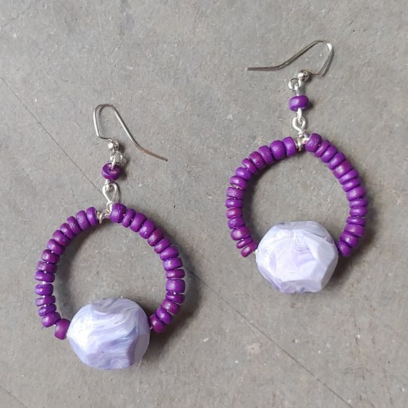 Handmade Round Circle Purple Stone Beaded Dangle Drop Earrings - Picture 5 of 5
